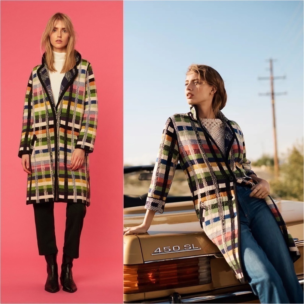 ALDOMARTINS Wool Alpaca Colorblock Plaid Long Maximalist Sweater Blanket‎ Coat S